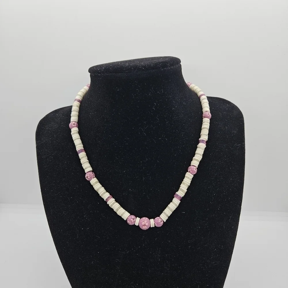 heshi bead necklace with pink purple flower polymer beads